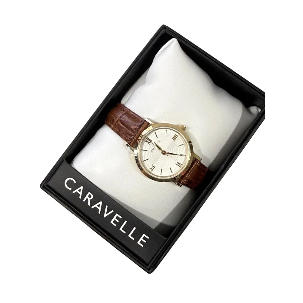 Caravelle by Bulova Gold Tone Watch Brown Leather Strap 44L256 White Dial